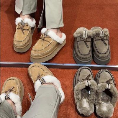 Женские меховые интегрированные меховые туфли зимние новые стильные толстые подошвы повседневные закрытые носки полуприцеп ношеные снаружи повседневные туфли