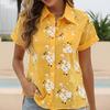 Women Cotton Linen Shirt Turn Down Collar Single Breasted Blouse White Yellow Blue Tops Summer Short Sleeve Floral Print Shirts