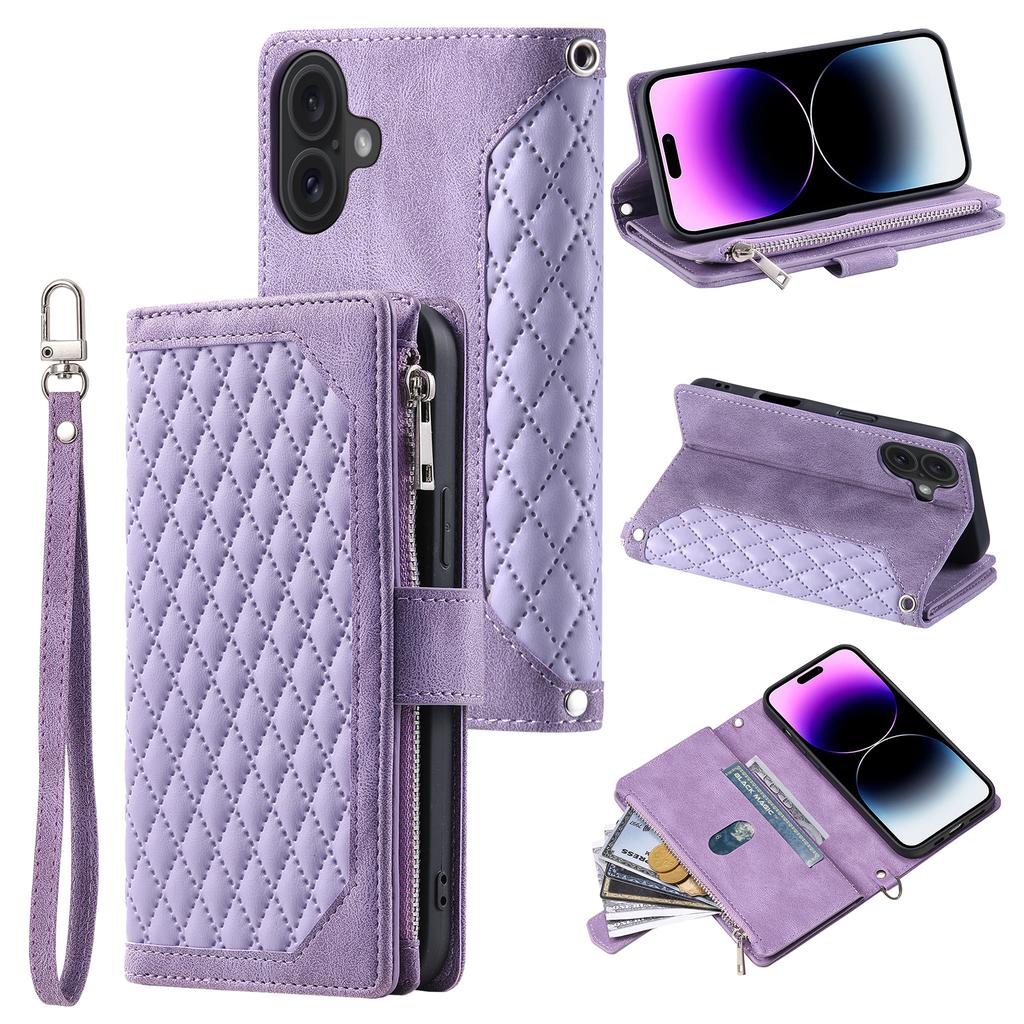 For iPhone 17 Wallet Case Rhombus Stitching Line PU Leather Phone Cover with Wrist Strap
