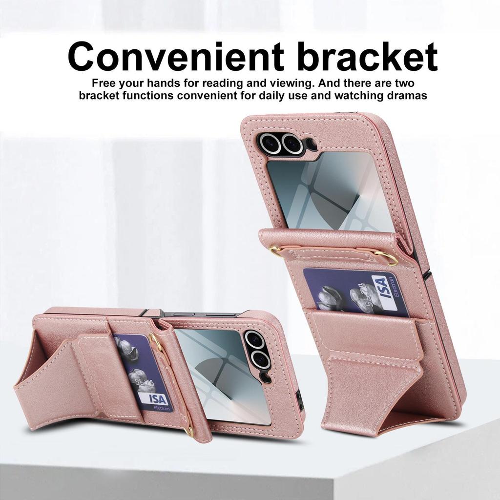 Кожаный чехол-кроссбоди для Samsung Flip6/7 с отделением для карт и защитой из закаленного стекла