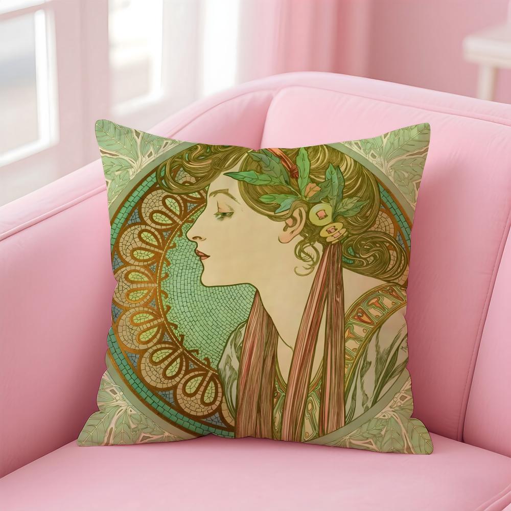 artistic AAlphonse Maria Mucha Cushion Cover Pillow Case Soft Skin Friendly Fabric Comfort Concealed Zipper