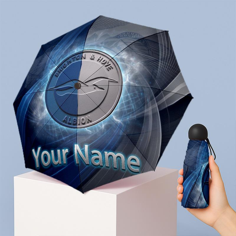 Brighton & Hove Albion Football Manual Five Fold 8 Rib Umbrella Support Custom Text, Lightweight Travel Umbrella