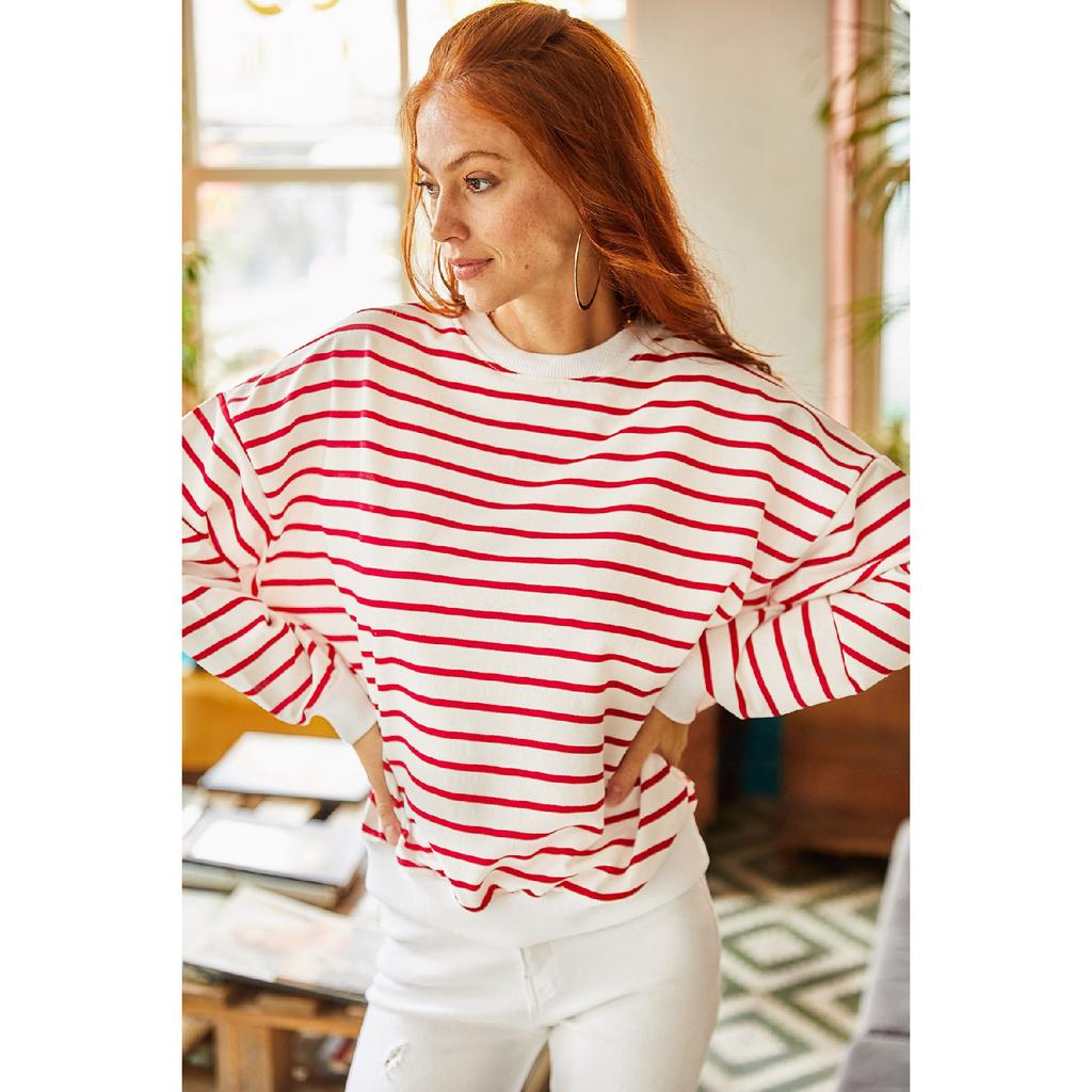 Women's White Black Striped Basic Soft Textured Loose Sweatshirt Swt-19000457