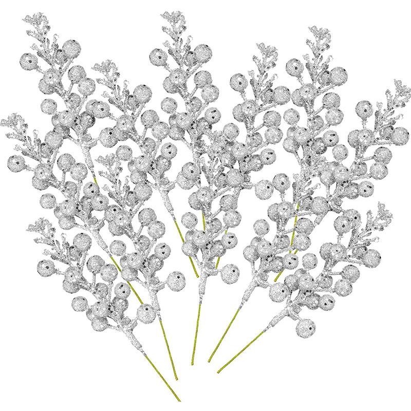 10 шт. Рождественские блестящие стебли ягод Искусственная рождественская симуляция Ягоды падуба Сосновая ветка для украшения рождественской елки Праздничный домашний декор KTY