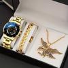 3pcs/set Fashion Mens Watch Luxury Men Business Calendar Stainless Steel Watch Bracelet Eagle Pendant Necklace