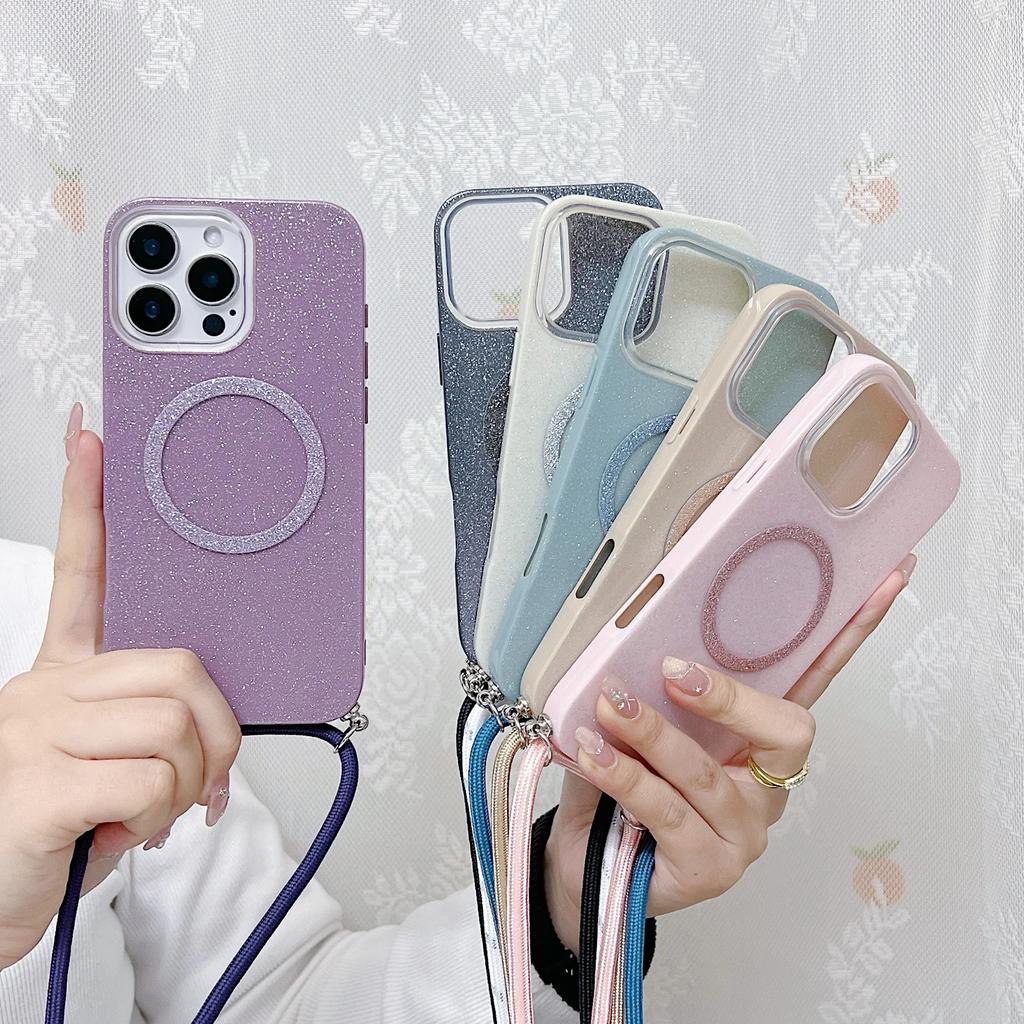 Beautiful Glitter Crossbody Lanyard Magnetic for IPhone 16 E 15 Pro Max 14 13 12 11 Pro Phone Case for Magsafe Cover