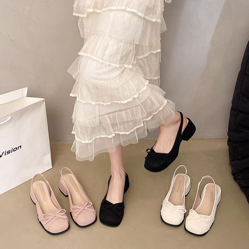 Fashion Women Square-toed Shallow Thick-heeled Sandals Elegant Bow Shoes Woman Summer Pu Ballerinas Soft Square Head Casual Sandals