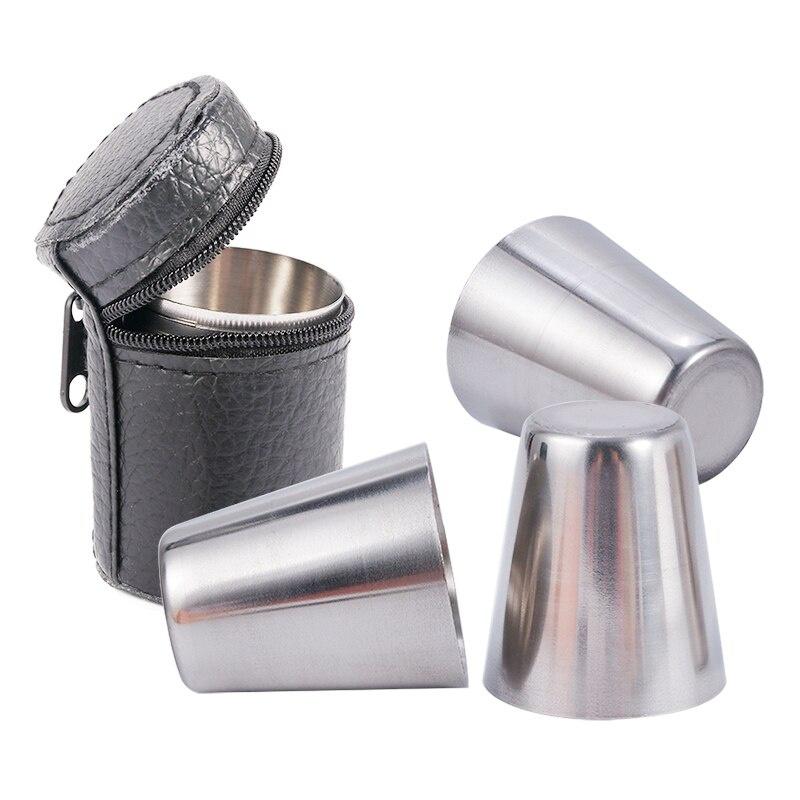 4 шт./компл., полированные 30 мл, мини-рюмки из нержавеющей стали, стаканы для вина с кожаной крышкой, сумка