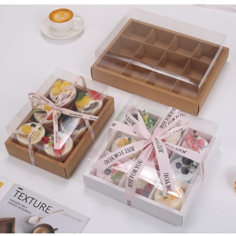 10 Sets of Kraft Paper Nine Grid Picnic Boxes 12 Grid Hotpot Takeaway Packag Box Afternoon Tea Pastry Baking Paper Cupcake Box Thickened No Pack Rope
