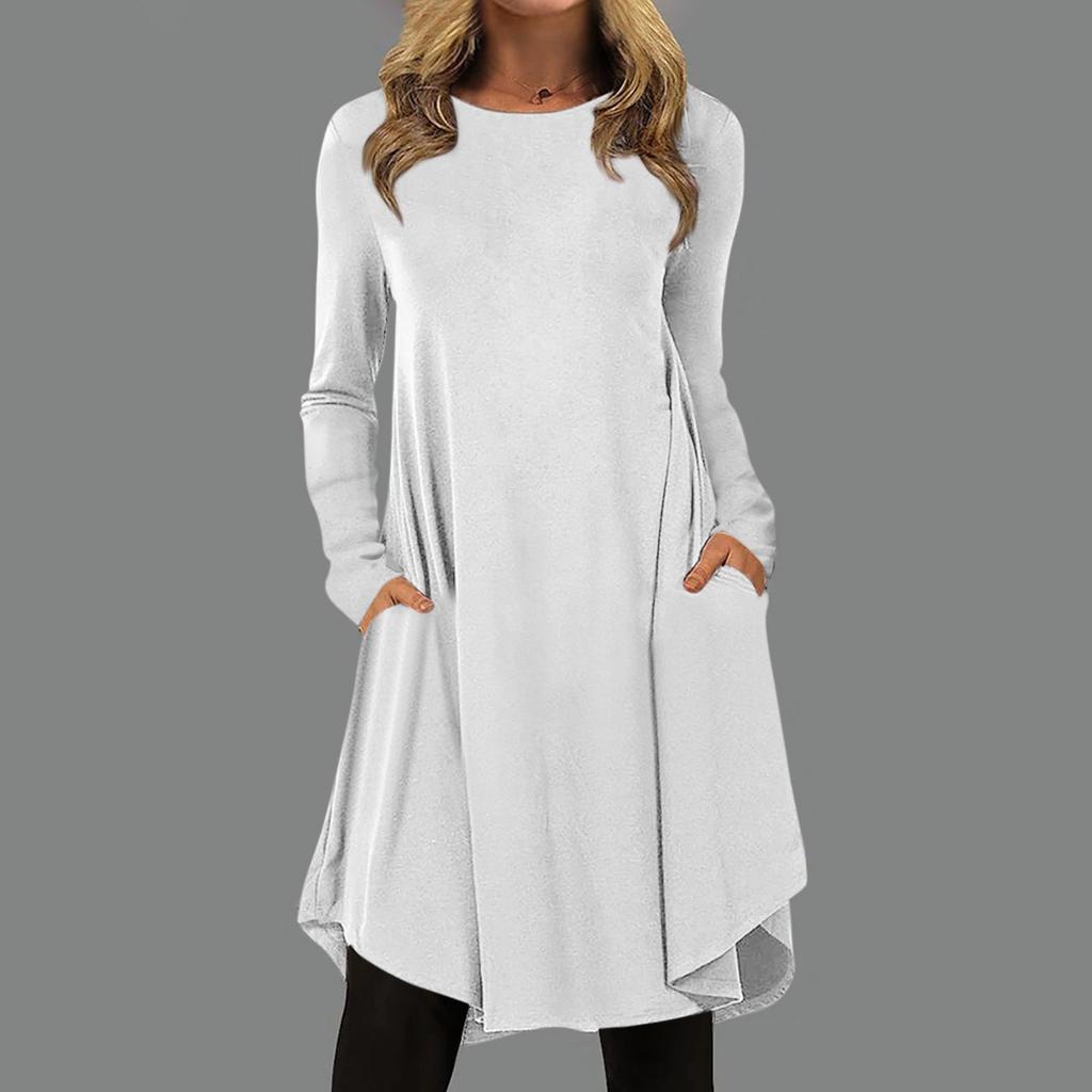 Женская мода повседневное сплошной цвет пуловер с круглым вырезом свободное платье с длинным рукавом