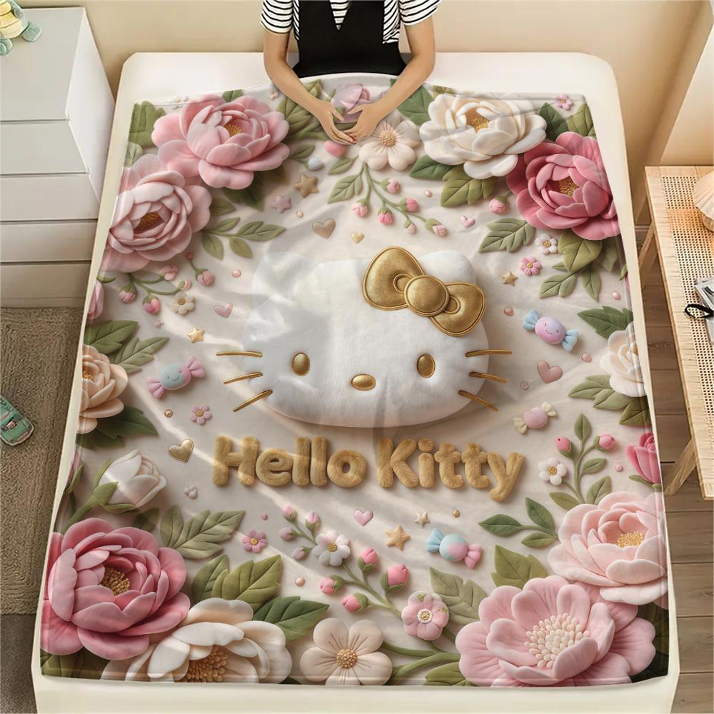 1 шт. Фланелевое одеяло с милым принтом Hello Kitty, Высокое качество, Для всех сезонов, Декор для дома, Тепло и уют, Идеально для рождественских подарков