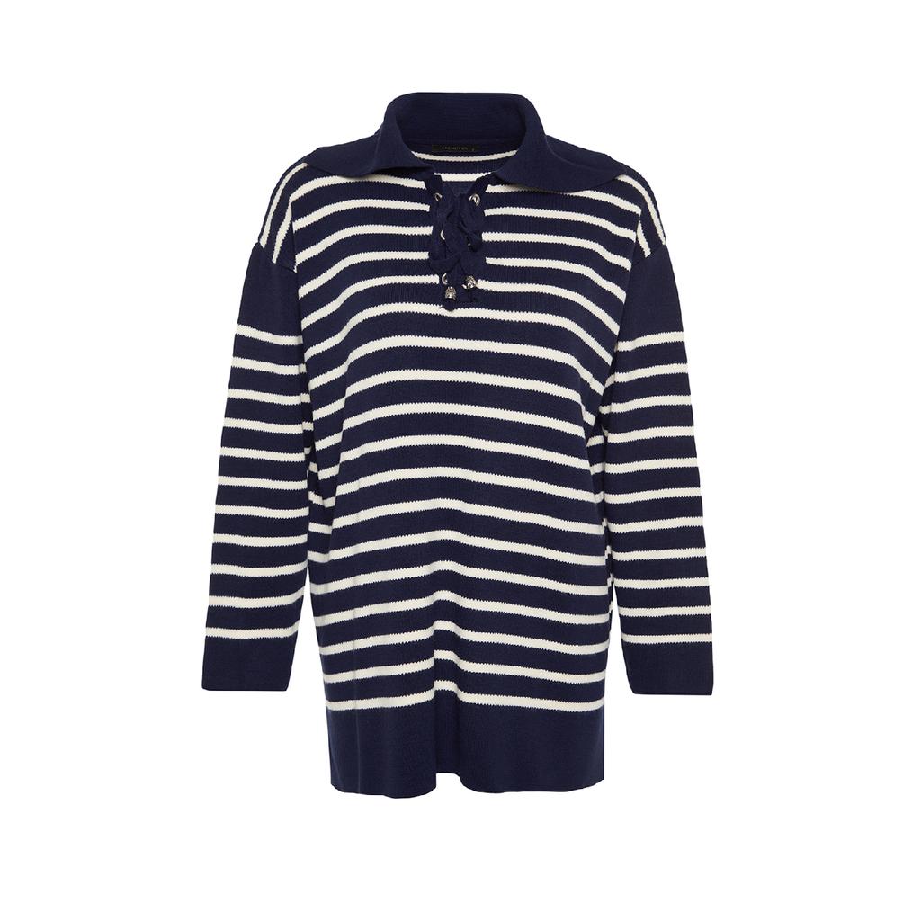 Темно-синий удобный вязаный свитер в полоску Tctaw24ak00172