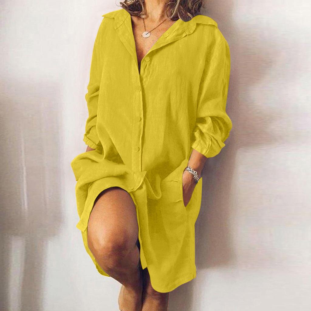 (SU)Женская рубашка из хлопка и льна, платье на пуговицах с v-образным вырезом, длинным рукавом и карманом до колена