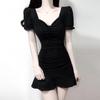 Black Knit Fabric Short Sleeve Mermaid Skirt With Ruffles For Summer Casual Wear