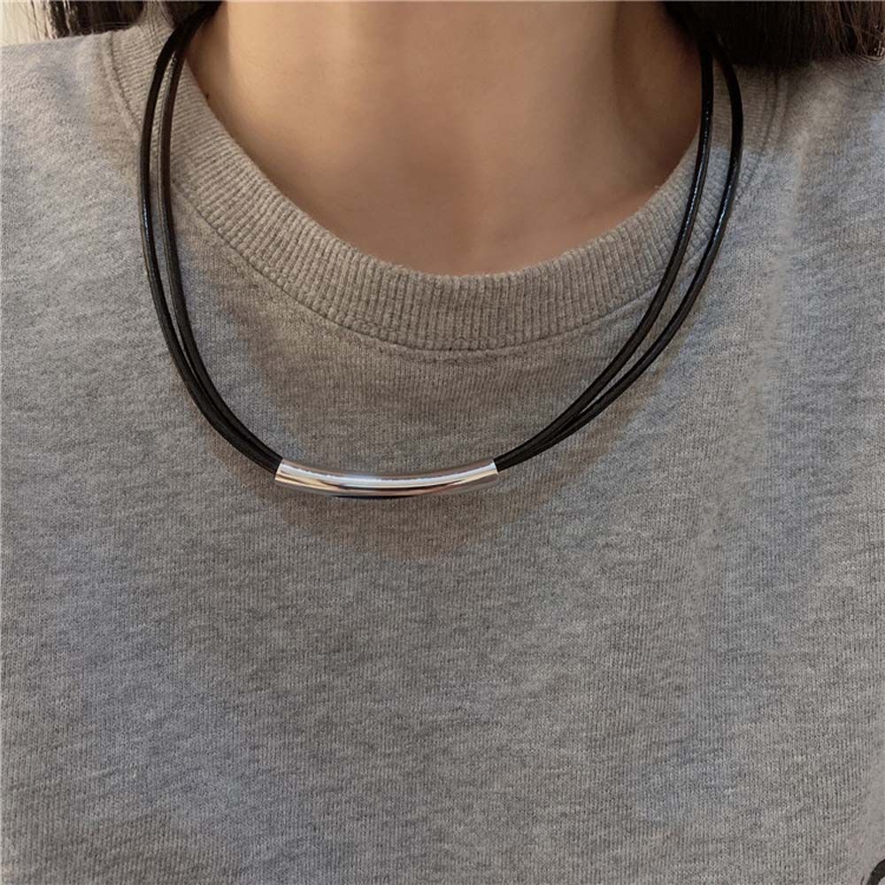 Metal Texture Leather Rope Necklace Korean Style Necklace Black Rope Necklace Female Necklace