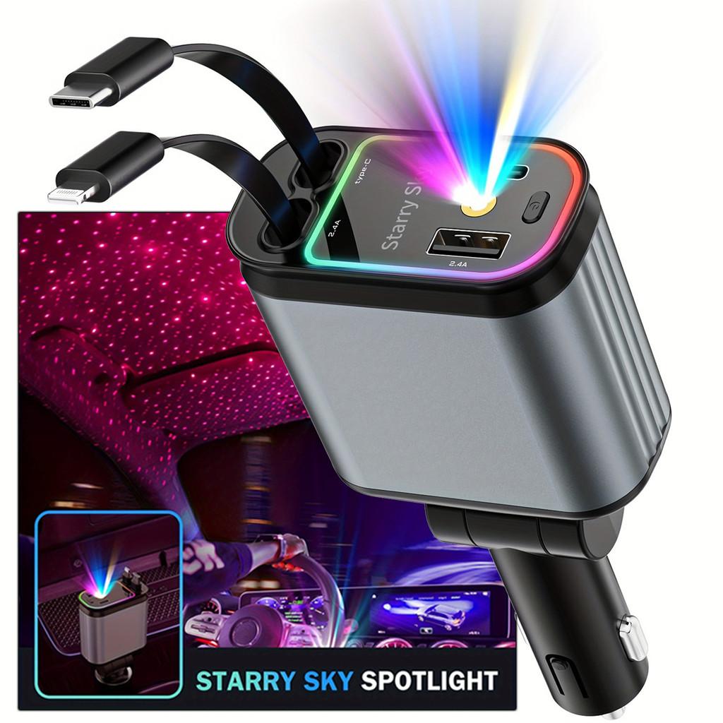 Автомобильное зарядное устройство Starry Sky LED 2024 с выдвижными кабелями — быстрая зарядка для iPhone и Type-C (48W)