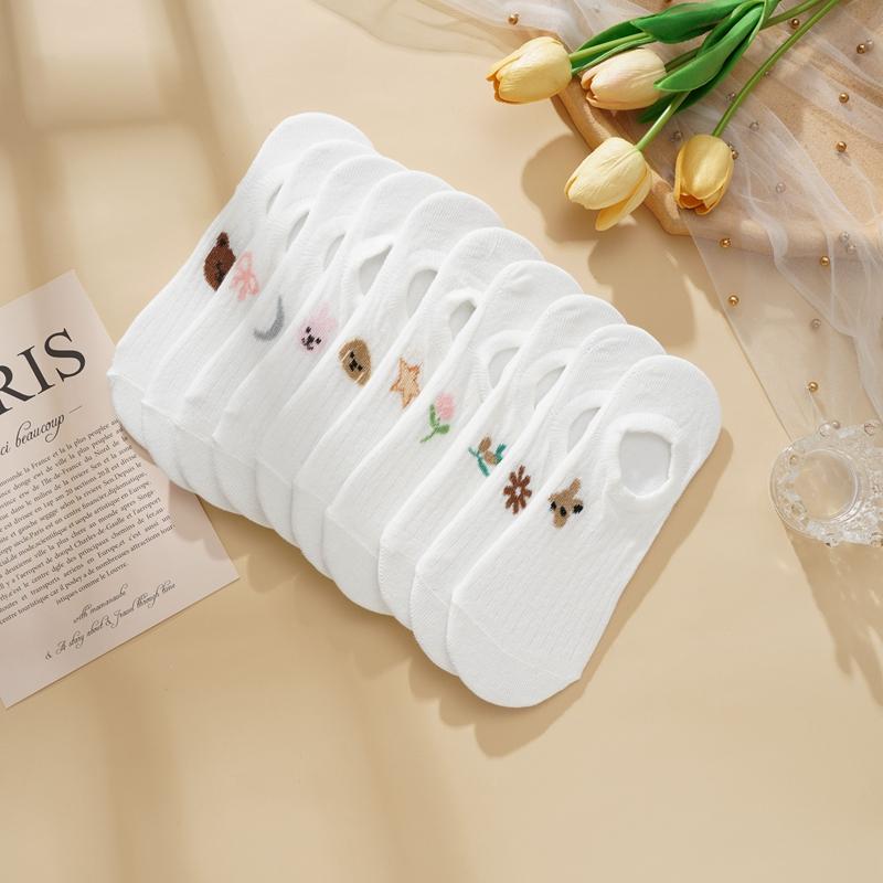 Женские летние белые невидимые носки с милой вышивкой в виде животных и растений, силиконовые нескользящие носки