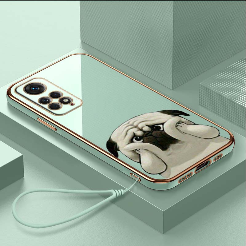 Luxury Plated TPU Phone Case With Lanyard for Xiaomi Poco F4 F5 M4 M5 X3 X4 X5 13T Redmi Note 10S 11S 10C 13C Cases A24 Animal Cute Pug Dog Cover