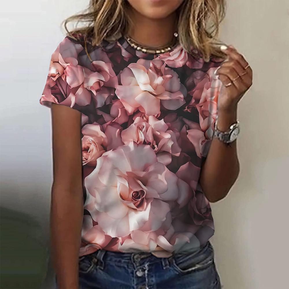 3d Roses Print Women's T Shirts Summer Fashion Short Sleeve Top Oversized Female Clothing Casual Girls Streetwear 2023 New Tees