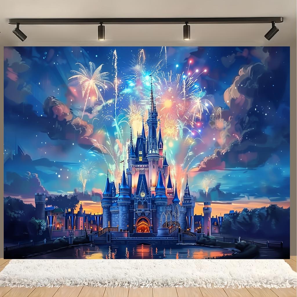 2D Banner: Vibrant Blue Castle Cartoon Photography Background - Photo Booth Background Suitable for Indoor and Outdoor fcl