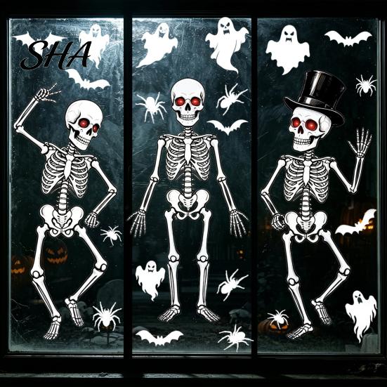 Easy Peel Glass Decal 3Pcs Halloween Skeleton Stickers, Waterproof PVC Window Clings, Static Decals, Wear-resistant Cling Removable Stickers for Home