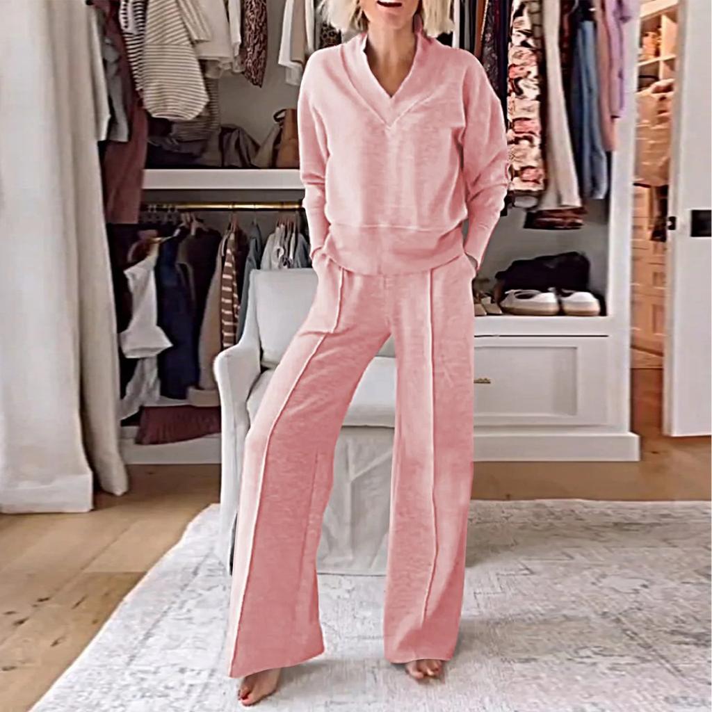 Женский повседневный комплект из двух предметов с V-образным вырезом и длинными рукавами, свободный топ и широкие брюки