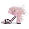 Модные новые розовые сатиновые босоножки на высоком каблуке с перьевой пуговицей, женские летние модные сексуальные туфли на толстом каблуке для свадьбы и вечеринки, размер 41