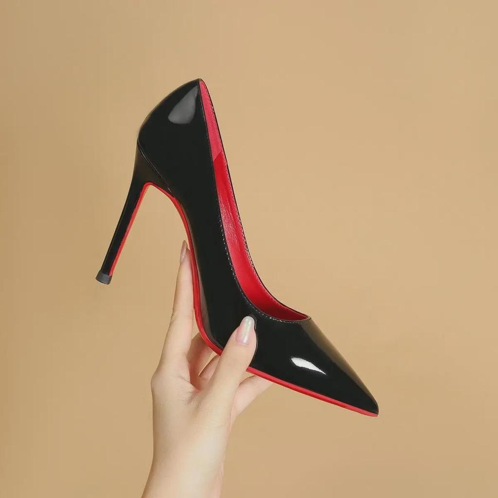 "2023 Black Patent Leather Red Bottom Stiletto Heels - Pointed Toe, High-End Sexy Pumps for Nightclub & Work"