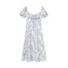 Kaslead New Women clothes Western Style Waist Hugging Blue and White Porcelain Print Bandage Split Short sleeve Dress Long dress