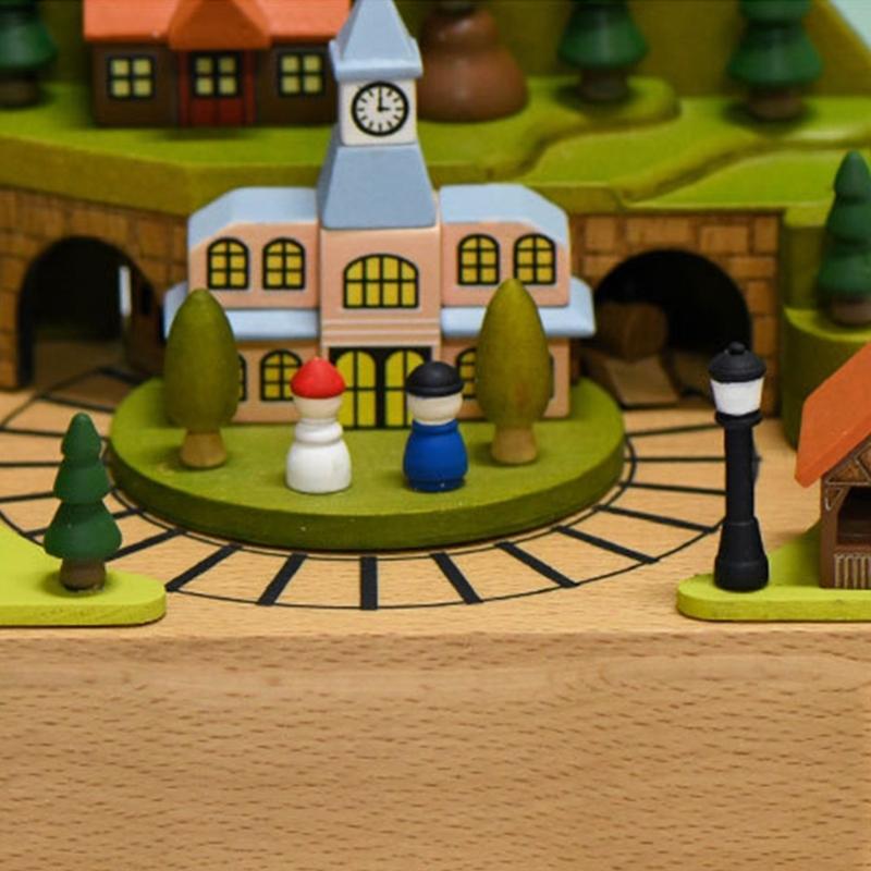 Music Box with Rotating Train Castles Nativity Scene Designs with Melodies Mechanism Musical Box Desktop Ornament