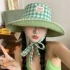 Double-Sided Plaid Wide-Edged Lace-Up Bucket Hat Summer Outdoor Versatile Sunscreen Sweet Contrasting Color Plaid Women'S Caps