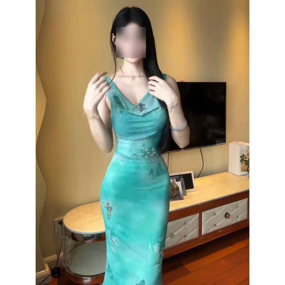 Платье из сетки с принтом бабочек, в стиле чистого желания, женское, для жаркого лета, с темпераментным отложным воротником, приталенное, без рукавов, облегающее бедра, длинная юбка