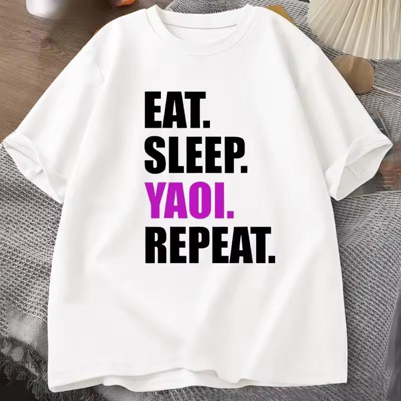 Eat Sleep Yaoi Repeat Футболка Манга Футболка Мужская Женская Хлопок Дышащая Футболка Мужская С коротким рукавом Круглый вырез Футболки Одежда Топы