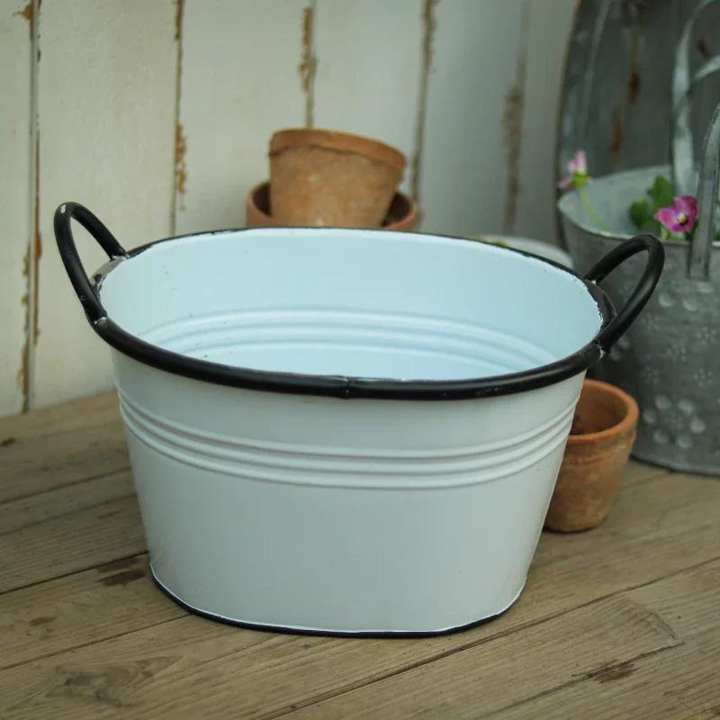 Белое Металлическое Железное Ведро с Двойными Ручками Посадочные Вазы Овальный Цветочный Горшок Декор для Дома Сада Двора Балкона Украшение