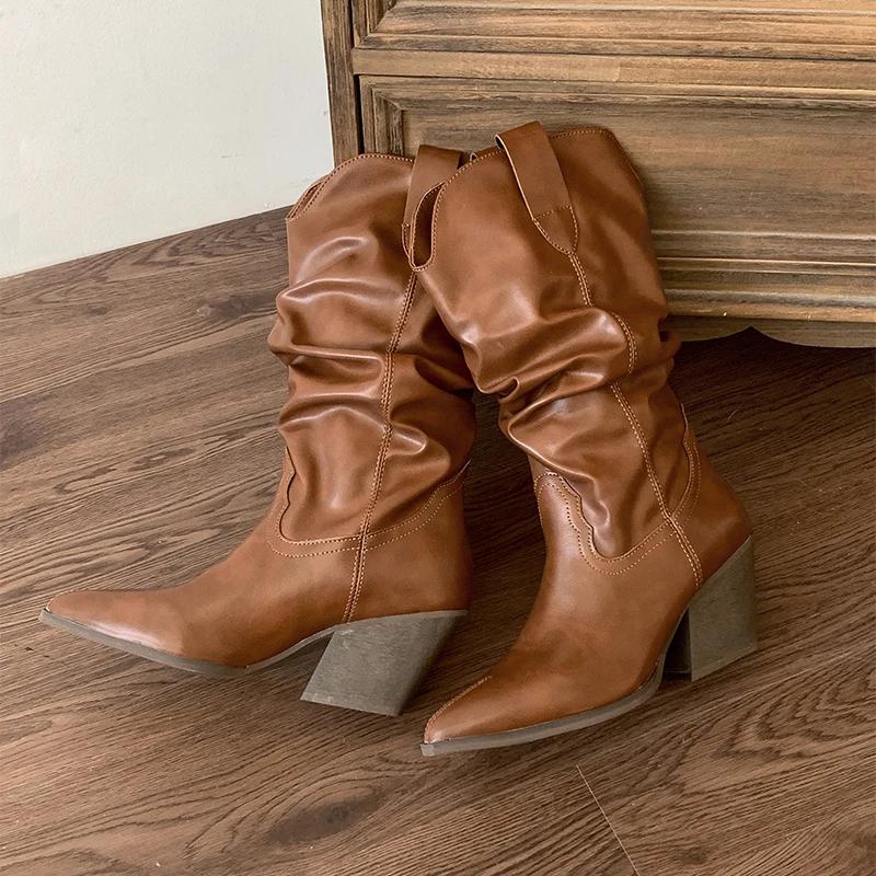 Винтажные женские сапоги-ковбойши с острым носком, модные туфли без застежек, осень-зима, на толстом каблуке, женские полусапожки до середины голени