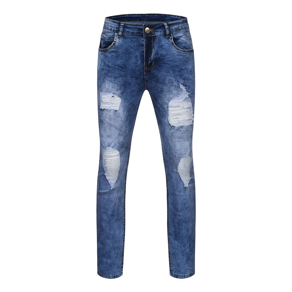 Men's Fashion Denim Hole Trouser Distressed Jeans Long Pencil Pants Streetwear