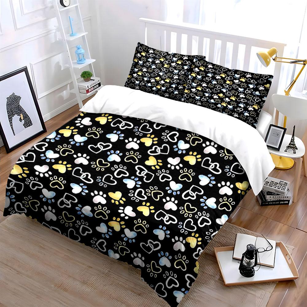 Paw Prints and Hearts Pattern Bedding Duvet Cover Set Duvet Cover Pillowcases  (1*Duvet Cover 2*Pillowcases, without duvet insert)