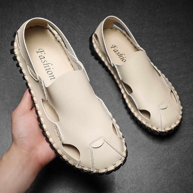 Модные мужские сандалии, летние полые мужские повседневные туфли, мягкие сандалии Baotou с мягкой строчкой, модные кожаные сандалии, нескользящая пляжная обувь для мужчин