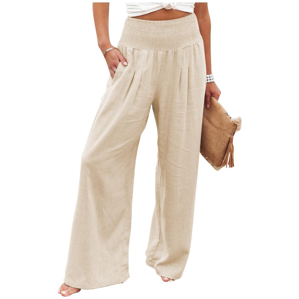 Women's Casual Loose High Waist Cotton Linen Wide Leg Long Pants With Pockets