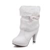 New Winter Fashion Womens Warm Fur High-heeled Boots Pink White Black Bowtie Lovely Lolita Ladies Party Wedding Shoes 33-43