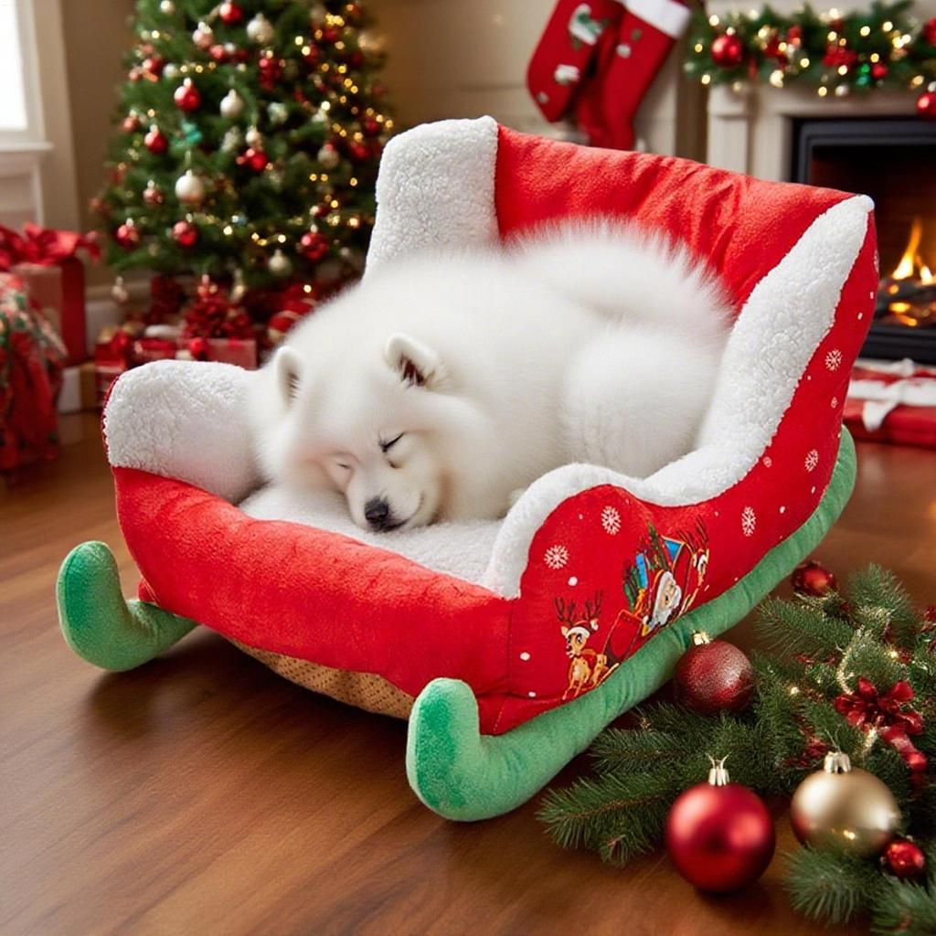 Christmas Plush Cozy Nest Insulated Christmas Sleigh Dog Bed Cat Bed for Cat Holiday Kitten Calming Puppy Sleeping Animal Winter
