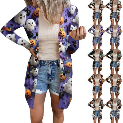 Женский повседневный кардиган, топ с длинными рукавами и карманами с принтом на Хэллоуин