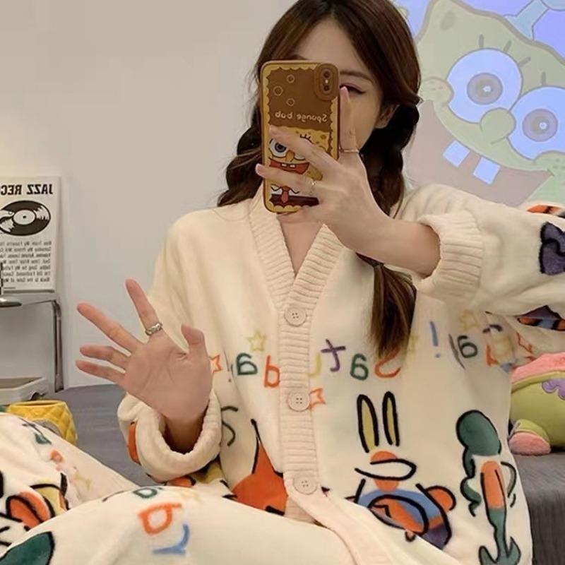 Sleepwear Set Thickened Warm Cute Sweet Cardigan Home Clothes for Women