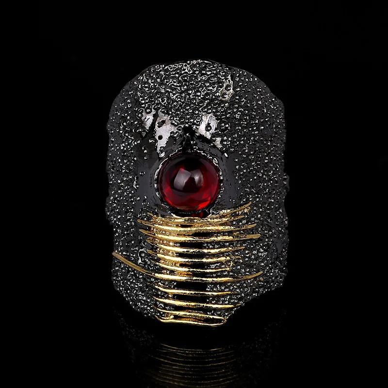 Новое изысканное кольцо для дам с листьями, цветами и цветным цирконом, ювелирное изделие, черно-золотое, двухцветное, с красным цирконом