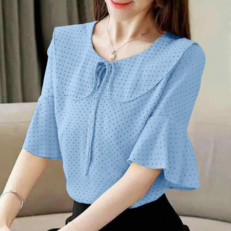ZANZEA Женская летняя повседневная блузка с воротником-куколкой и коротким рукавом в горошек
