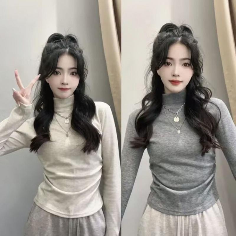 Autumn and Winter Thickened Velvet Half Turtleneck Versatile Bottoming Shirt with Slim Fit Short Warm T-shirt Tight Top