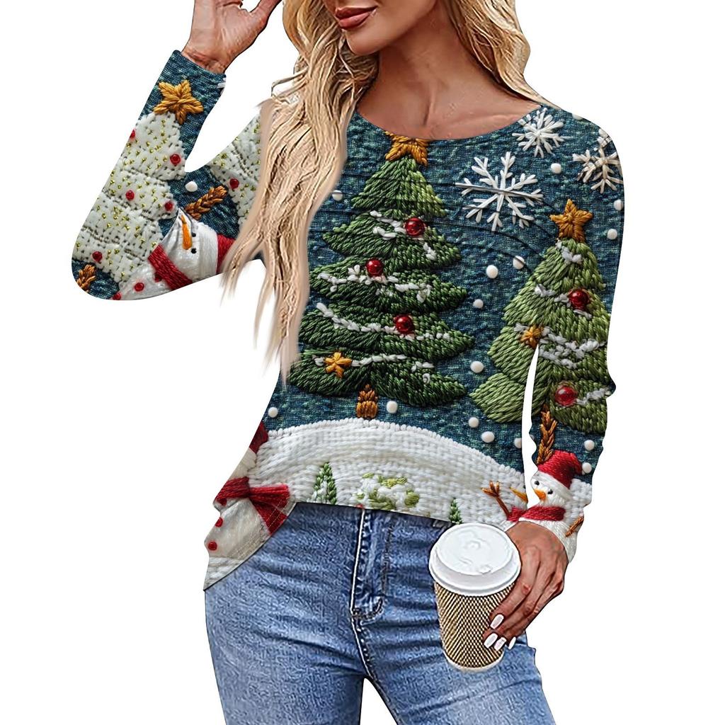 Женская повседневная модная футболка с круглым вырезом и длинными складками на Рождество