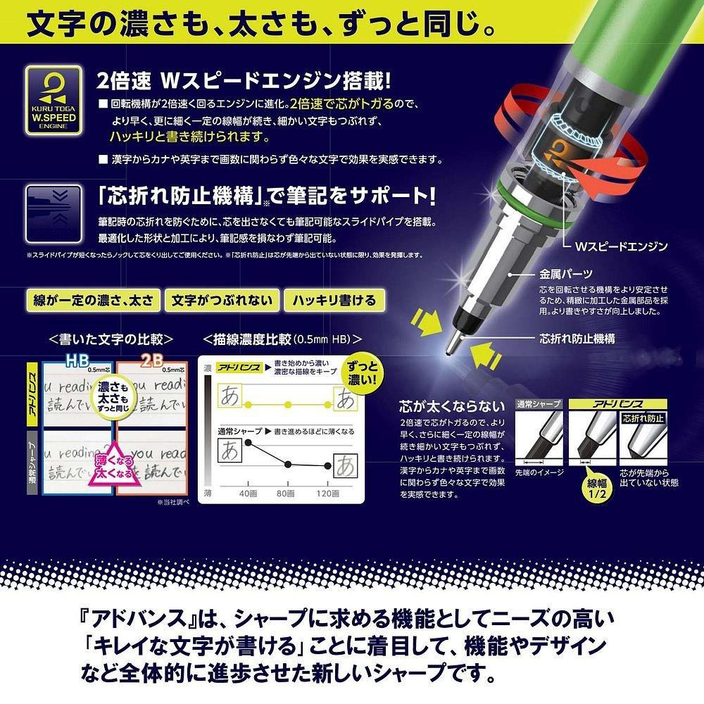 Mitsubishi Pencil Kuru Toga Advance Black Mechanical Pencil of 0.5mm (Set 5)