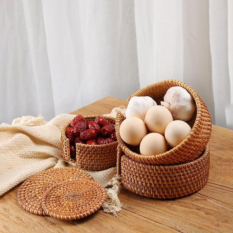 6Pcs/set Round Natural Rattan Coasters Bowl Pad Handmade Padding Cup Mat Insulation Placemats Kitchen Decoration Accessories