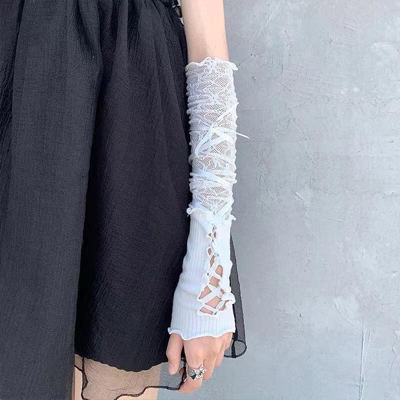 Women Lolita Jk Lace Fingerless Gloves Black Gothic Strapping Sunscreen Sleeve Clothing Accessories Elastic Mesh Punk Gloves